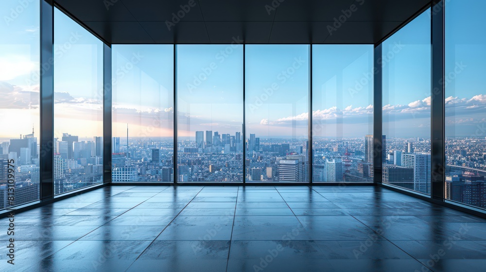 empty office, skyline over the buildings, grandiose cityscape views, clear sky