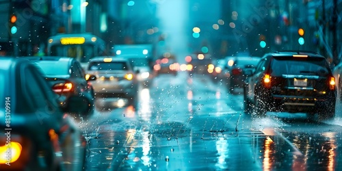 Bustling Urban Street Traffic Amidst Rainy Weather. Concept Urban Photography  Rainy Day  Traffic Jam  Cityscape  Weather Scenes