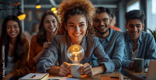 Jovens universitários criativos e sorridentes segurando uma lâmpada acesa simbolizando a criatividade em uma agencia de marketing photo
