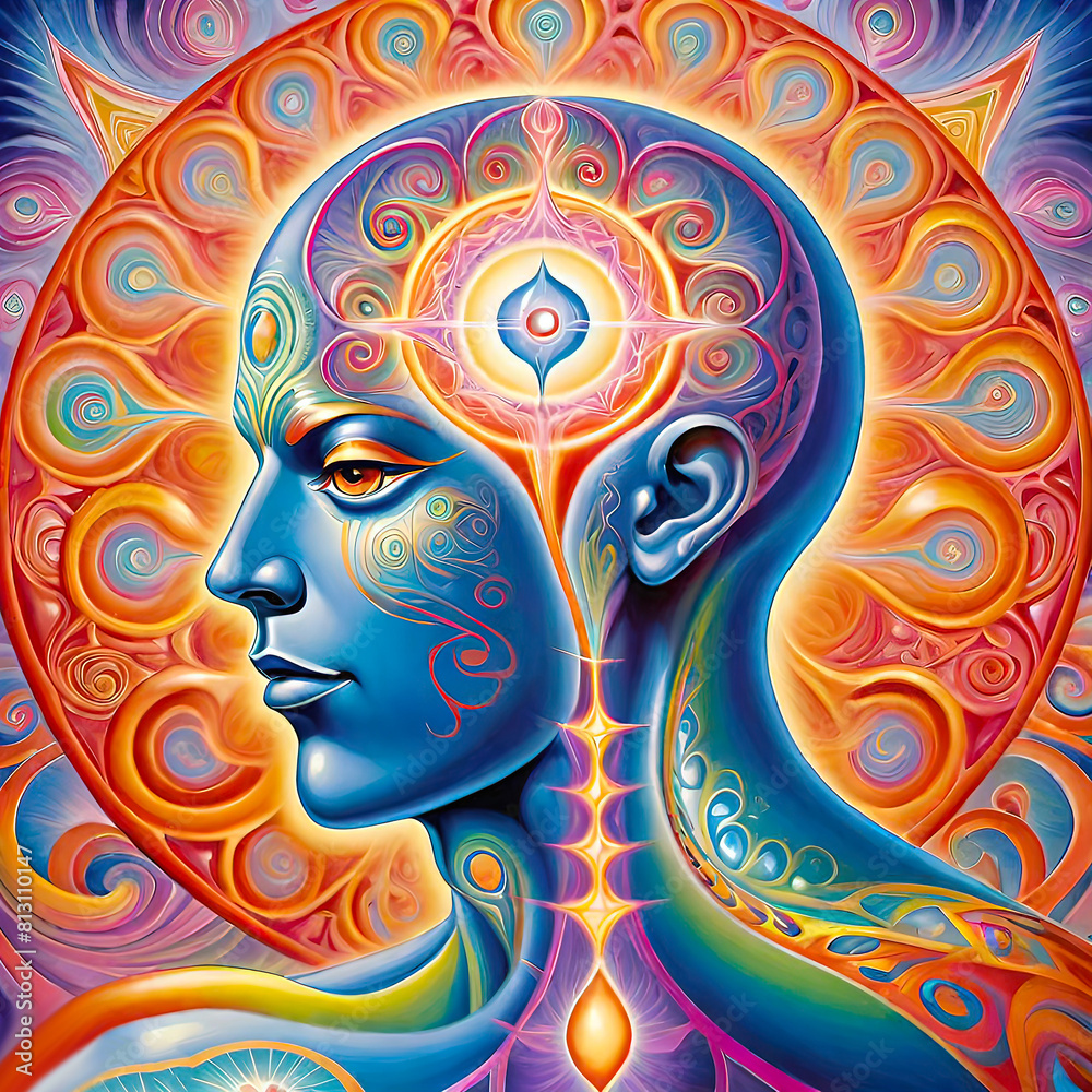 Naklejka premium Hypnagogic image, hypnagogic spiritual symbol, style, abstract illustration, surreal illustration, spiritual practice, hypnosis, relaxation, sleep,