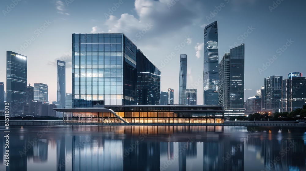 Naklejka premium skyline building, river water reflection, clear sky