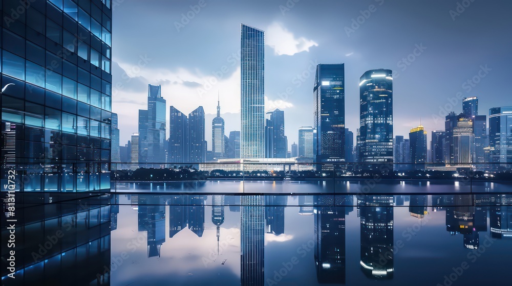 Obraz premium skyline building, river water reflection, clear sky