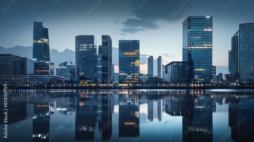 Naklejka premium skyline building, river water reflection, clear sky
