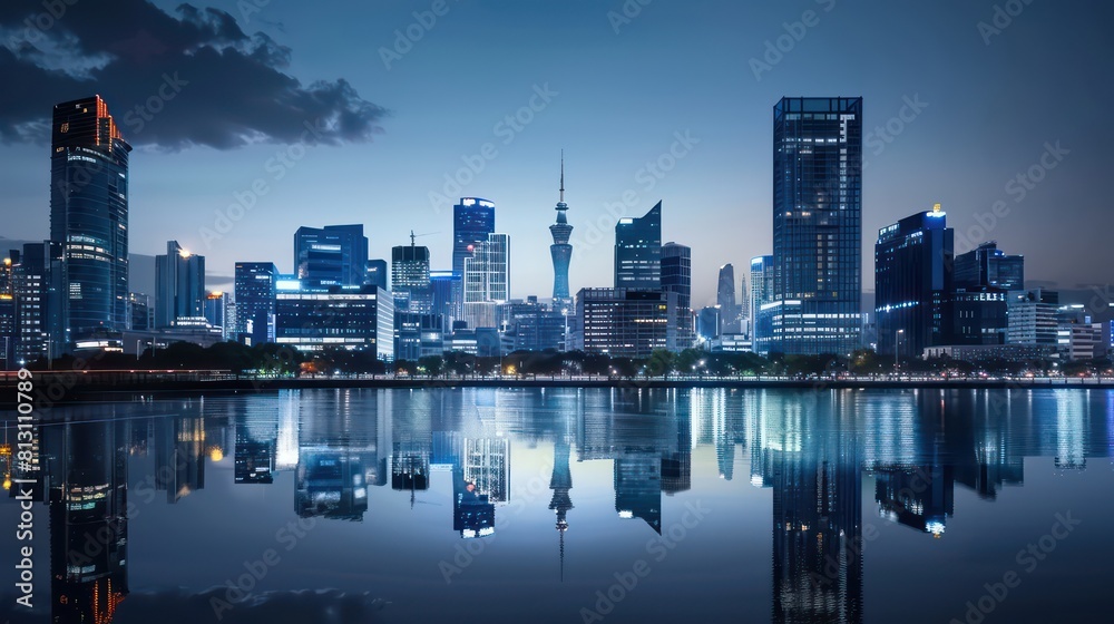 Fototapeta premium skyline building, river water reflection, clear sky
