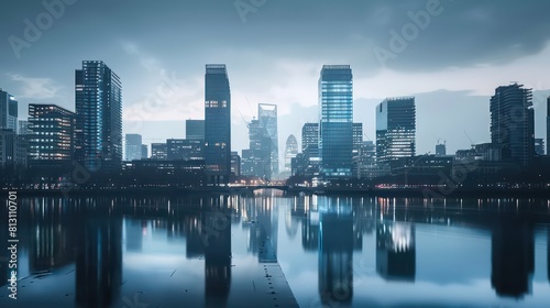 skyline building  river water reflection  clear sky