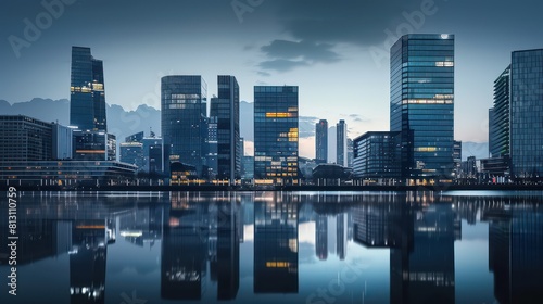 skyline building, river water reflection, clear sky