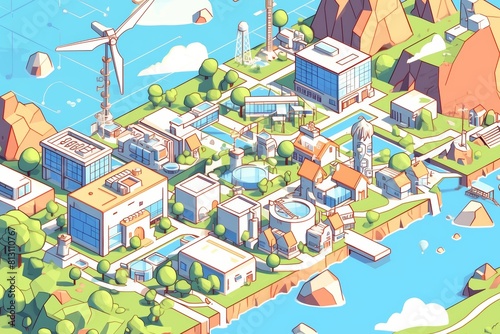 Vibrant Cartoon Map of a Sustainable Town Featuring Renewable Energy Technologies