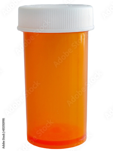 Plastic opaque medicine bottle pharmacy vial amber color, plastic container for pills and tablets, isolated transparent background, cutout, medical supply concept