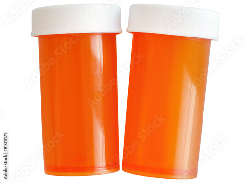 Plastic opaque medicine bottle pharmacy vial amber color, plastic container for pills and tablets, isolated transparent background, cutout, medical supply concept