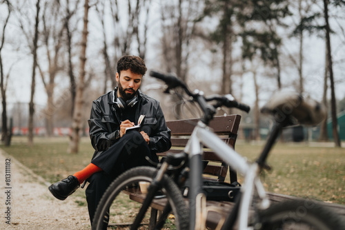 Handsome, stylish male entrepreneur performs tasks remotely on a park bench, with his bike beside him, in a serene city park setting. © qunica.com