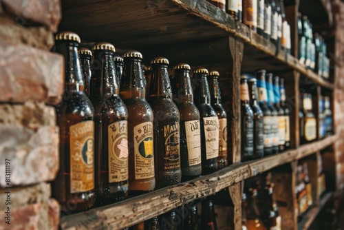 Vintage Beer Bottle Collection Displayed on Rustic Wooden Shelf in Brewery