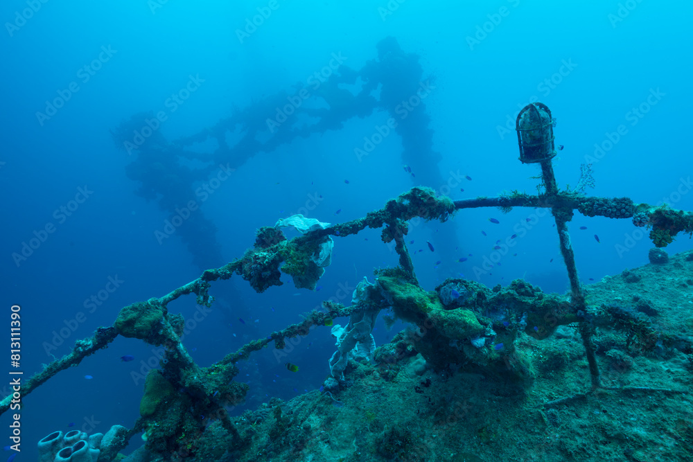 Fototapeta premium Ponte superiore del relitto della nave Nippo Maru, affondata nell'arcipelago di Truk in Micronesia durante la seconda guerra mondiale