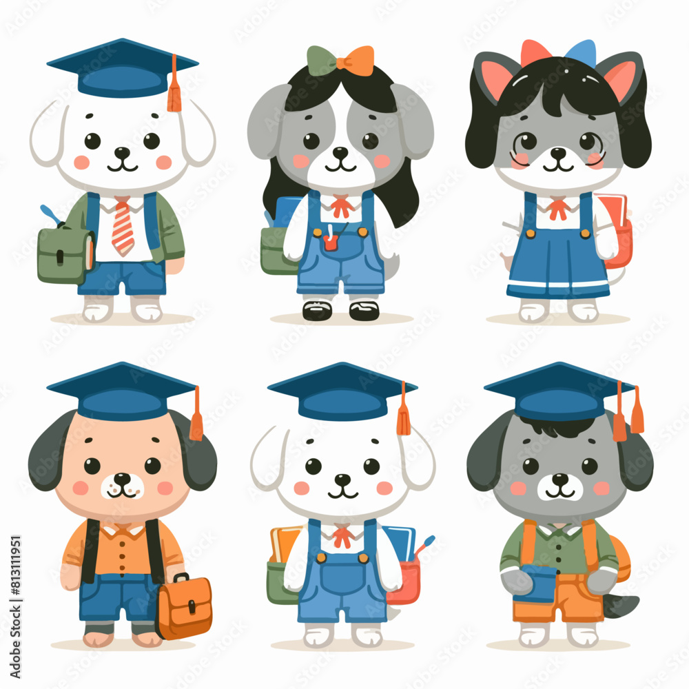 vector set of cute cartoon student animals