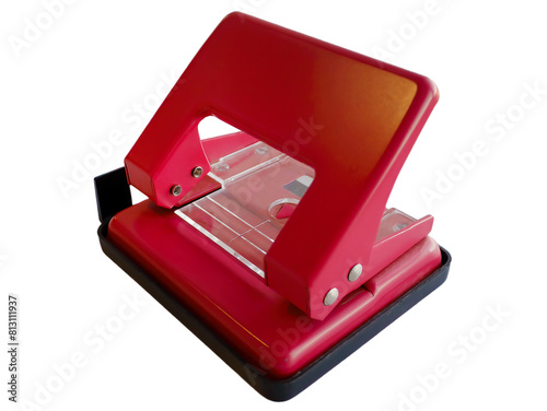 Stationery paper hole puncher in red color, office equipment, school or home supply, isolated cutout, transparent background, element