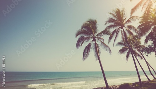 intage-filtered coconut trees on a tropical coastline under a clear blue sky  with a retro