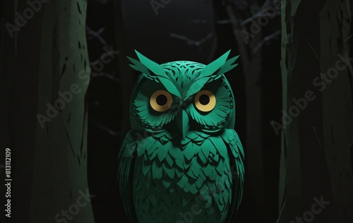 Electric blue owl in dark woods, a striking contrast in wildlife art photo