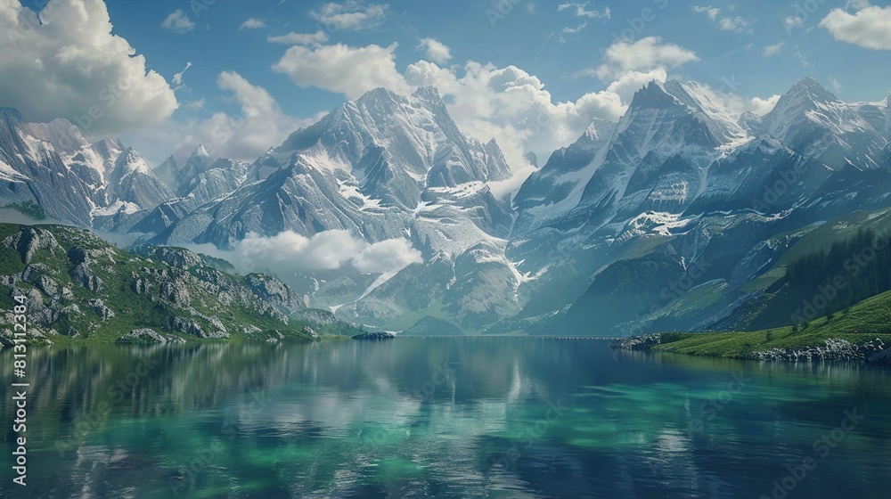 The image features a breathtaking landscape with a serene mountain lake in the foreground. The calm waters of the lake reflect the surrounding majestic mountains that tower above. These snow-covered p The image features a breathtaking landscape with a serene mountain lake in the foreground. The calm waters of the lake reflect the surrounding majestic mountains that tower above. These snow-covered p