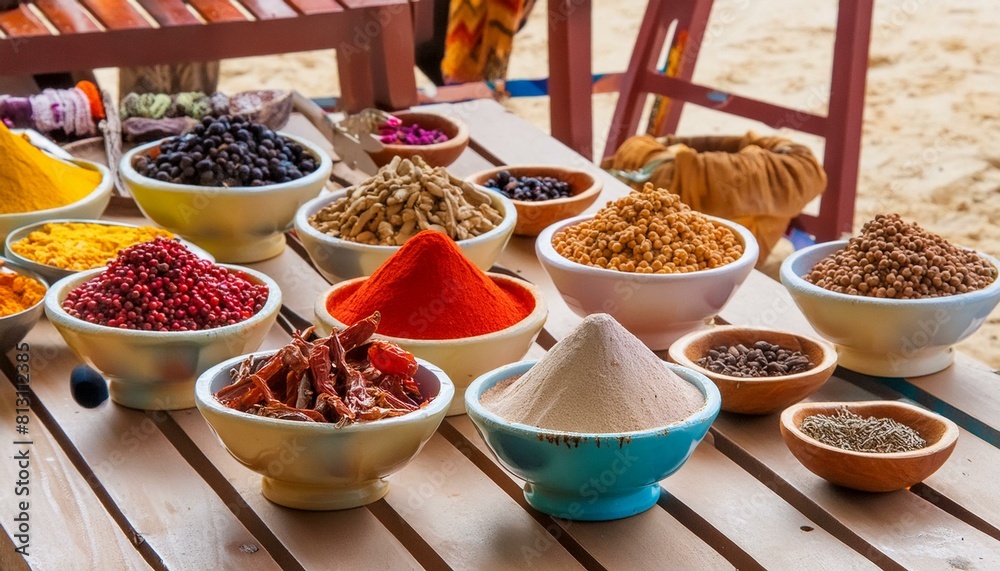 Wooden table of colorful spices of Zanzibar 