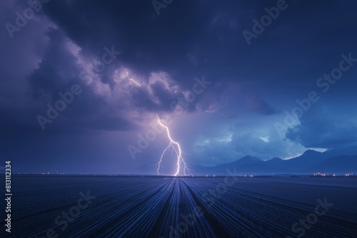 Dramatic Lightning Strike Near Solar Farm Illustrating Natural Energy Forces