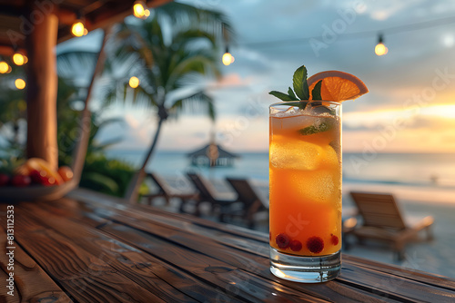 Fresh summer drinks cocktails with berries  fruits  ice and frost on glasses. Vacation open beach bar concept.