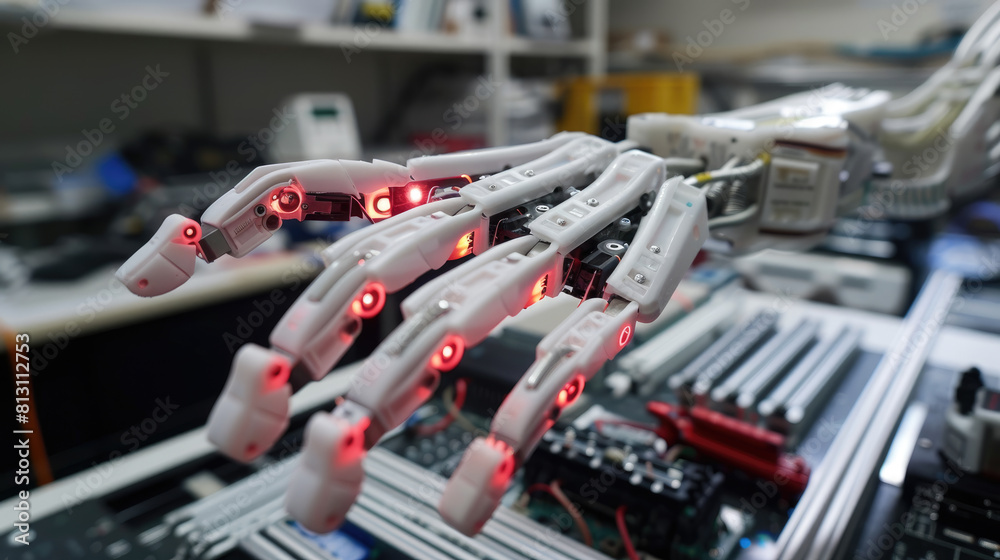 Glowing Lights Illuminate Robotic Hand. Generative AI Glowing Lights Illuminate Robotic Hand. Generative AI