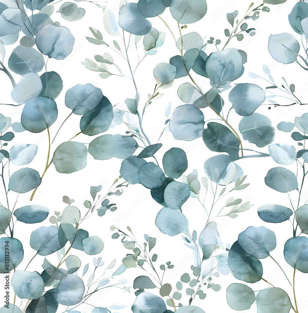 Watercolor eucalyptus and greenery seamless pattern, white background, fine art print, delicate watercolor illustration in the style of soft green leaves
