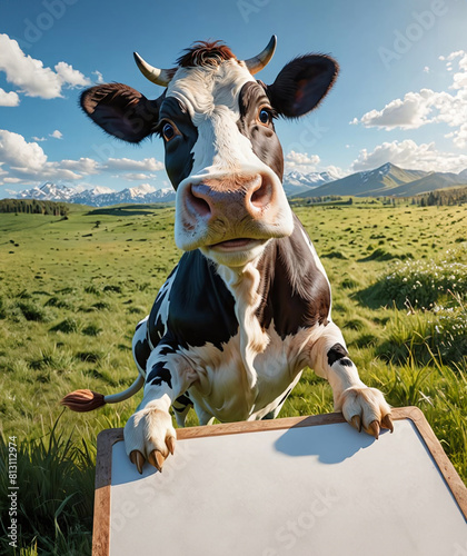 Vache laitière dans le champ qui tient une pancarte vierge © CURIOS
