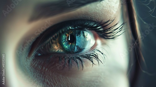 The image features an extreme close-up of a human eye. The iris is a striking combination of blue and green hues, with intricate patterns visible within the iris. The pupil is in sharp focus and dilat