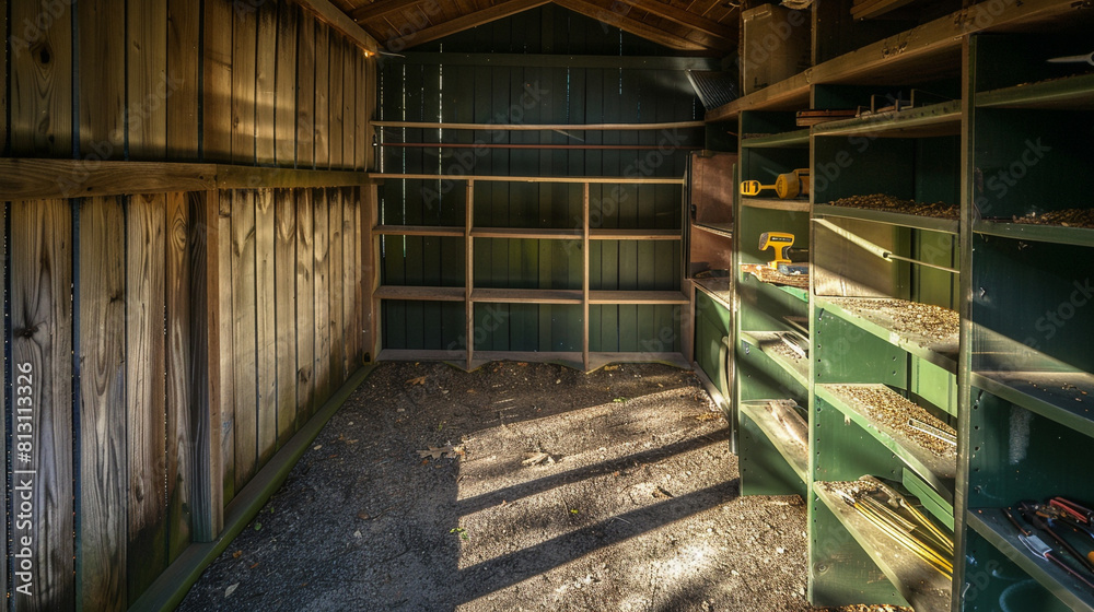 Empty garden tool shed with shelves ready for tools, but currently holding only shadows and dust. Empty garden tool shed with shelves ready for tools, but currently holding only shadows and dust.