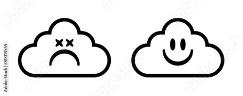 Happy and sad cloud face icon. Good and bad internet connection vector symbol