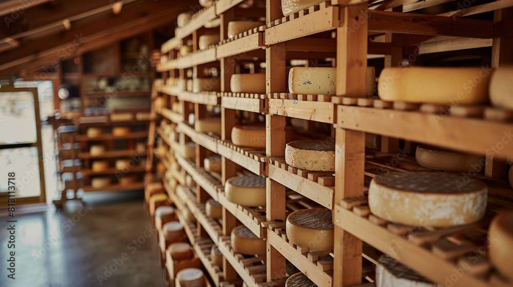 Empty gourmet cheese aging shed with racks for cheese wheels, all orderly but absent of aroma. Empty gourmet cheese aging shed with racks for cheese wheels, all orderly but absent of aroma.