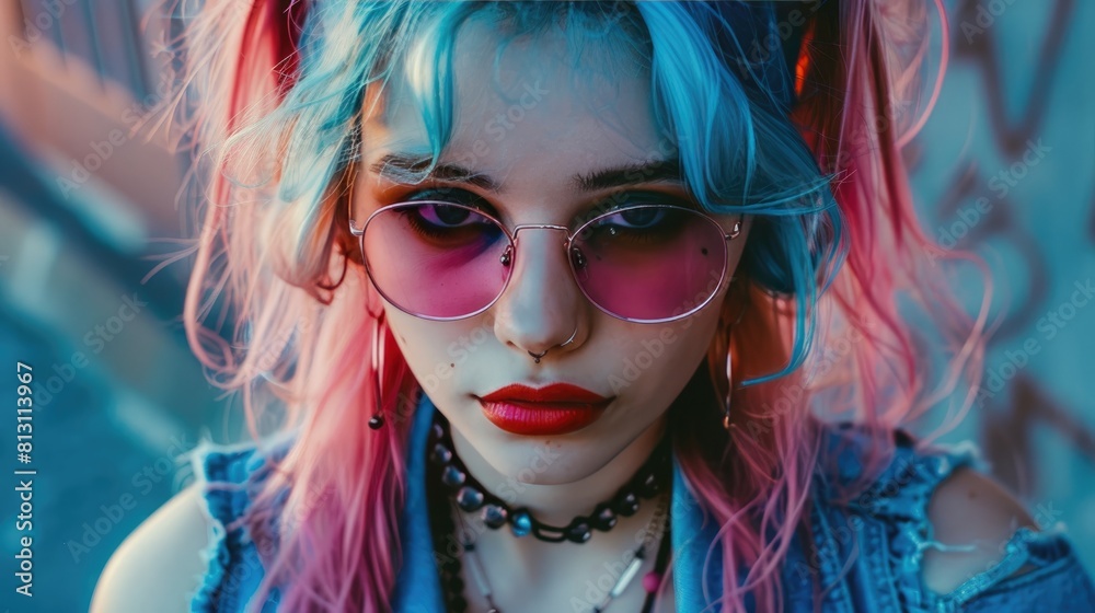 A stylish girl with pink, blue, green hair and glasses. A student or a schoolgirl. Resting or studying. A stylish girl with pink, blue, green hair and glasses. A student or a schoolgirl. Resting or studying.