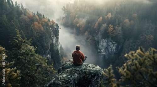 A person sits on a rocky outcrop overlooking a deep forested valley filled with mist. The trees exhibit autumnal colors, with shades of green, orange, and yellow. The person, seen from behind, wears a