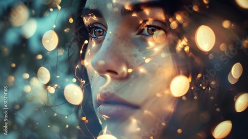 The image features a close-up of a person’s face, likely female, partially illuminated by warm, circular bokeh light effects that suggest the presence of fairy lights or a similar light source. The li photo