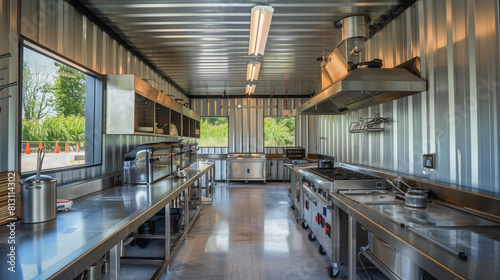 Empty gourmet food preparation shed with stainless steel counters and cooking equipment, all pristine but quiet.