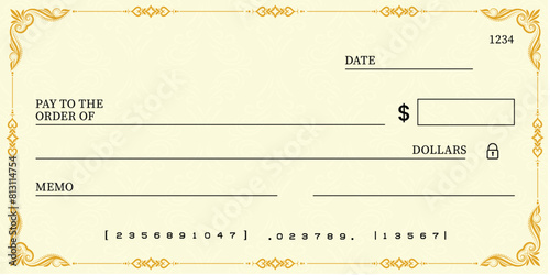 Blank bank check, checkbook cheque template or money payment paper voucher, vector mockup. Business or personal account cash pay cheque certificate or paycheck coupon from checkbook