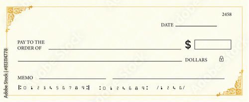 Blank bank check, checkbook cheque template or money payment paper voucher, vector mockup. Business or personal account cash pay cheque certificate or paycheck coupon from checkbook