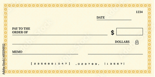 Blank bank check, checkbook cheque template or money payment paper voucher, vector mockup. Business or personal account cash pay cheque certificate or paycheck coupon from checkbook