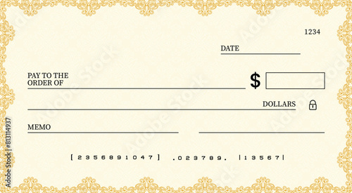 Blank bank check, checkbook cheque template or money payment paper voucher, vector mockup. Business or personal account cash pay cheque certificate or paycheck coupon from checkbook