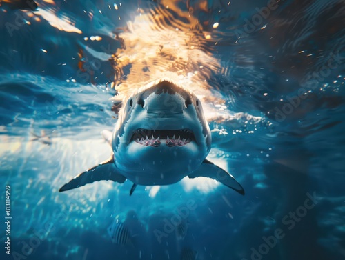 White shark with closed mouth is turning underwater, blue water photo