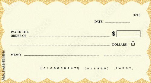 Blank bank check, checkbook cheque template or money payment paper voucher, vector mockup. Business or personal account cash pay cheque certificate or paycheck coupon from checkbook