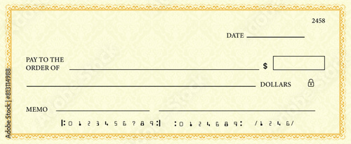 Blank bank check, checkbook cheque template or money payment paper voucher, vector mockup. Business or personal account cash pay cheque certificate or paycheck coupon from checkbook