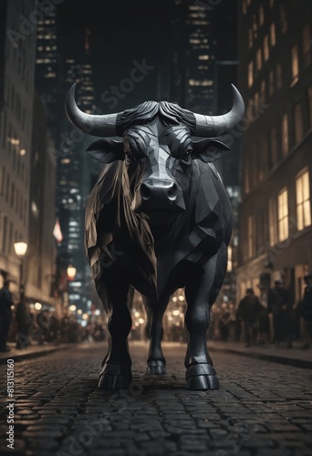 A metal statue of a bull stands in the city street at night