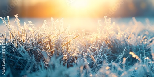Frost-covered grass sparkling under the golden sunrise light © Liza