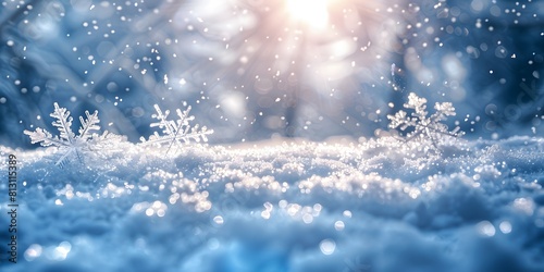 Delicate snowflakes glisten under a radiant winter sun amidst falling snow