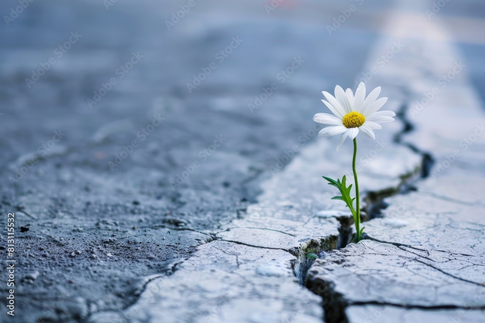 Naklejka premium Resilience and Hope: Single Daisy Flowering Through Concrete Cracks