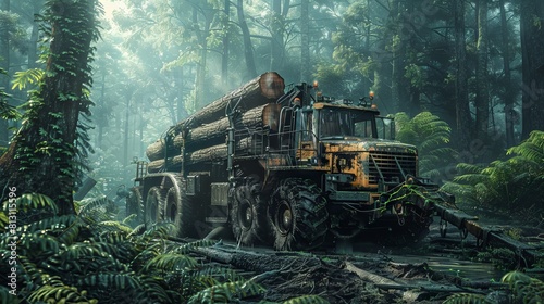 Forestry vehicle with logs in dense woodland setting photo