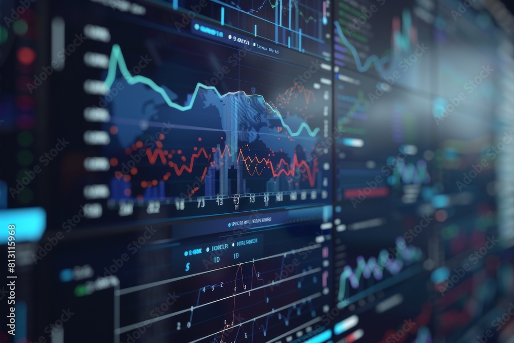 Detailed Visualization of Market Trends and Data Analysis on a Large Digital Screen Detailed Visualization of Market Trends and Data Analysis on a Large Digital Screen
