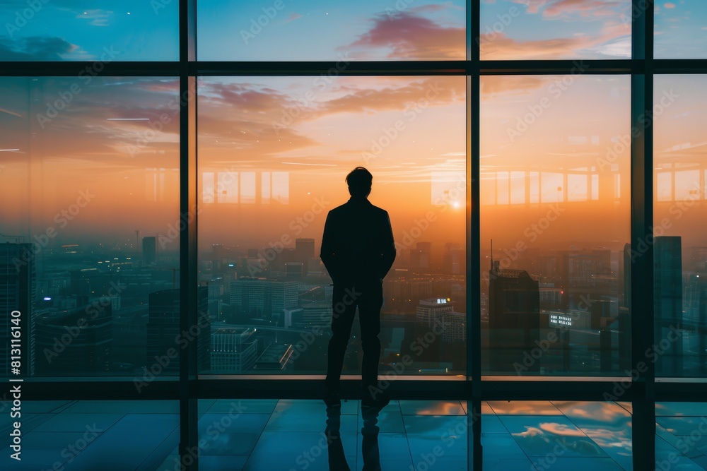 Fototapeta premium Visionary Business Leader Contemplating Cityscape at Dawn