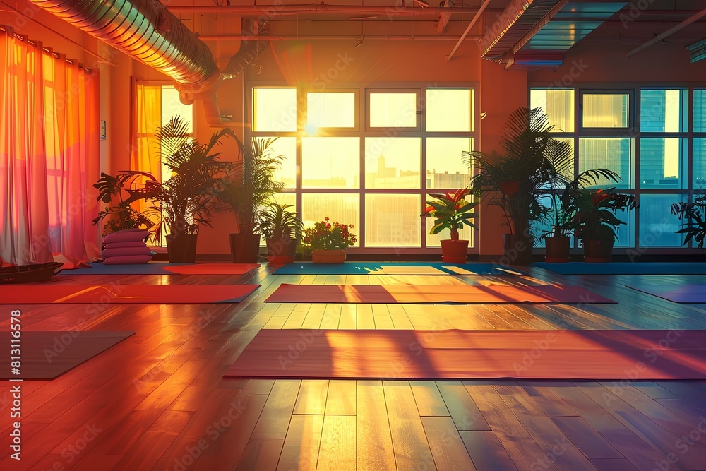 Fototapeta premium The warm sunlight shines through the large windows of the yoga studio, illuminating the room with a golden glow and casting long shadows over the wooden floor.